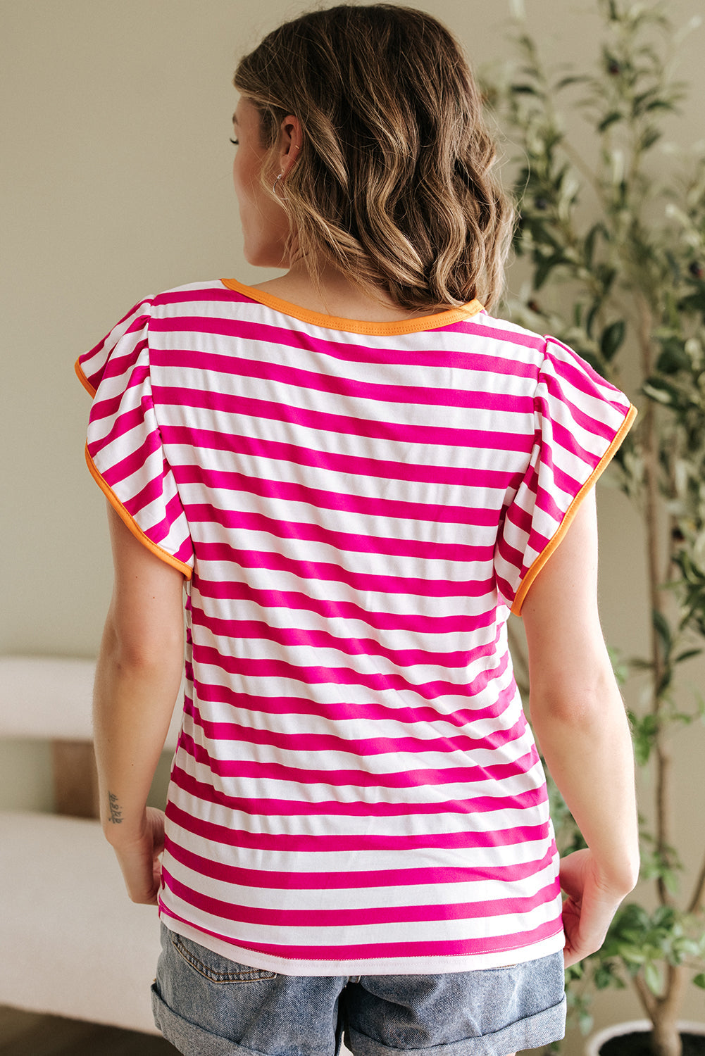 GloriaStriped Ruffle Sleeve Crew Neck Blouse