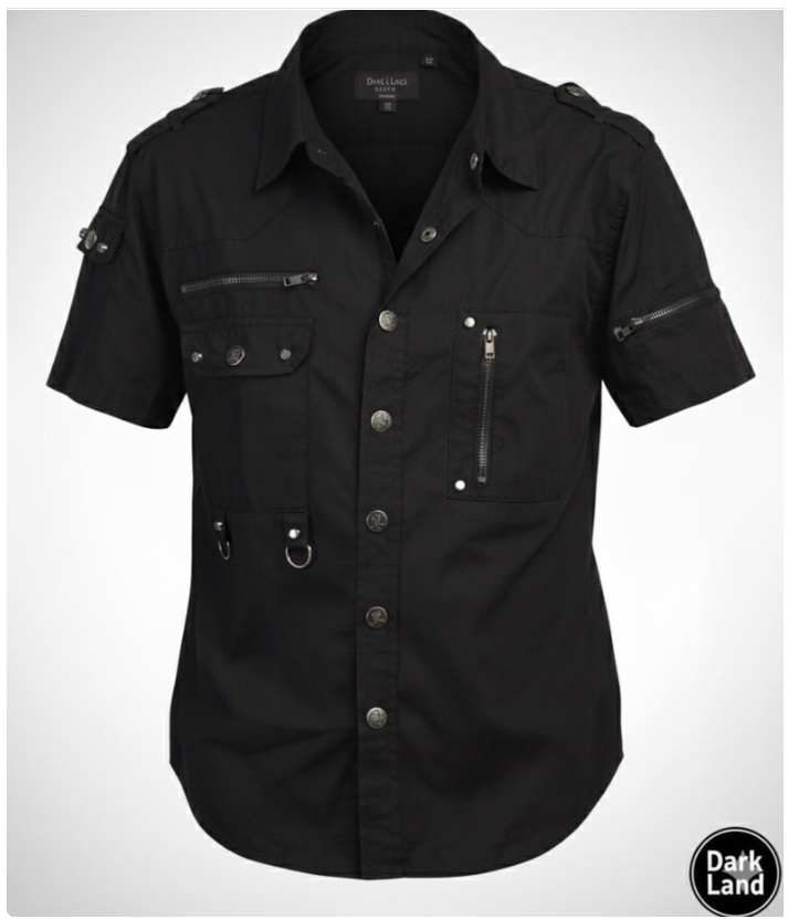 Gothic Industrial Short-Sleeve Shirt - Black Metal & Zipper Detail Top