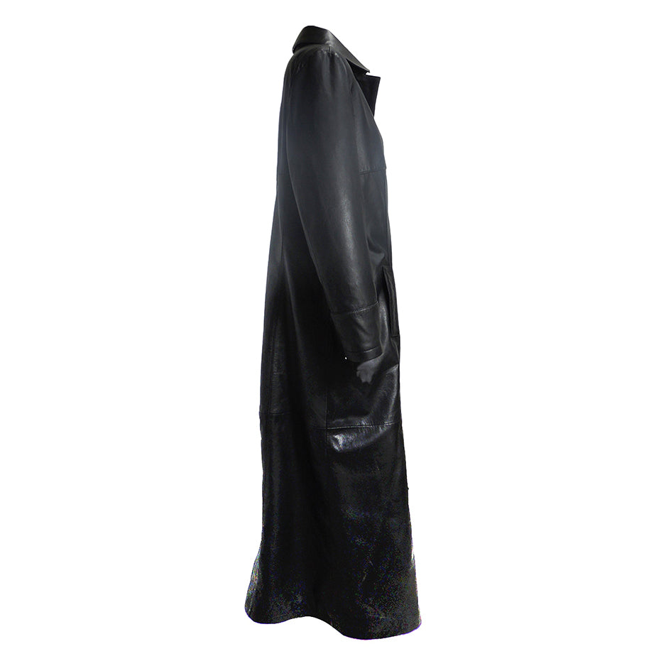 QR Matrix Womens Black Full Long Leather Coat with 3 Buttons