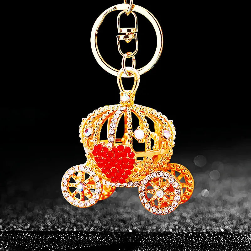 Diamond-encrusted pumpkin car, car keychain, creative bag, pendant, metal key chain ring, accessories, gifts.