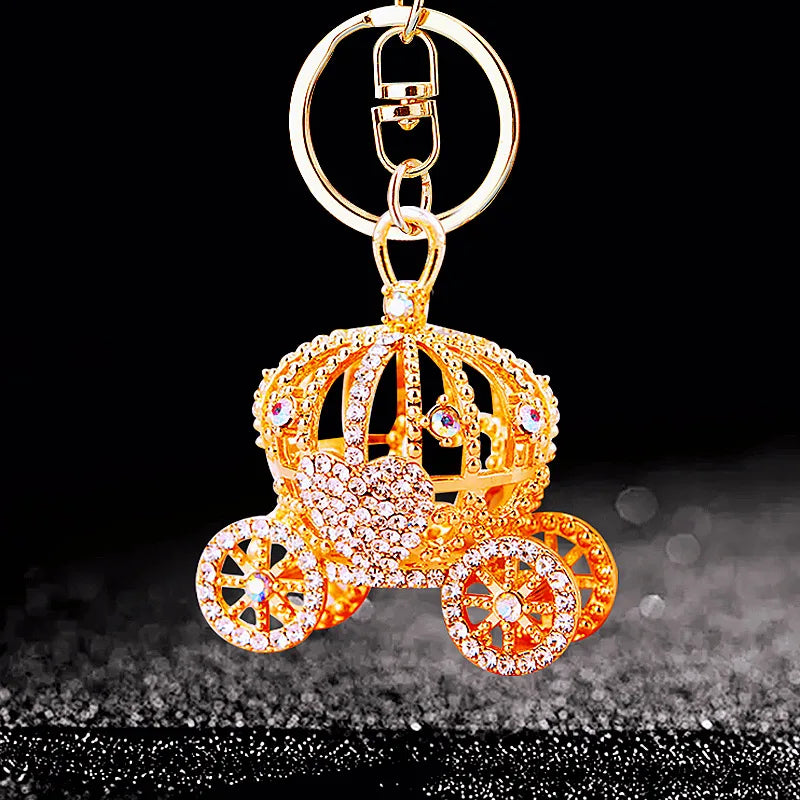 Diamond-encrusted pumpkin car, car keychain, creative bag, pendant, metal key chain ring, accessories, gifts.