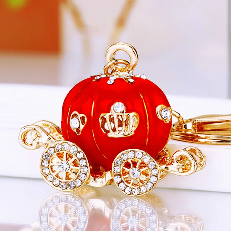 Diamond-encrusted pumpkin car, car keychain, creative bag, pendant, metal key chain ring, accessories, gifts.
