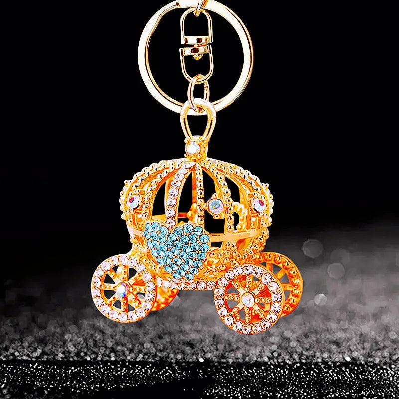 Diamond-encrusted pumpkin car, car keychain, creative bag, pendant, metal key chain ring, accessories, gifts.
