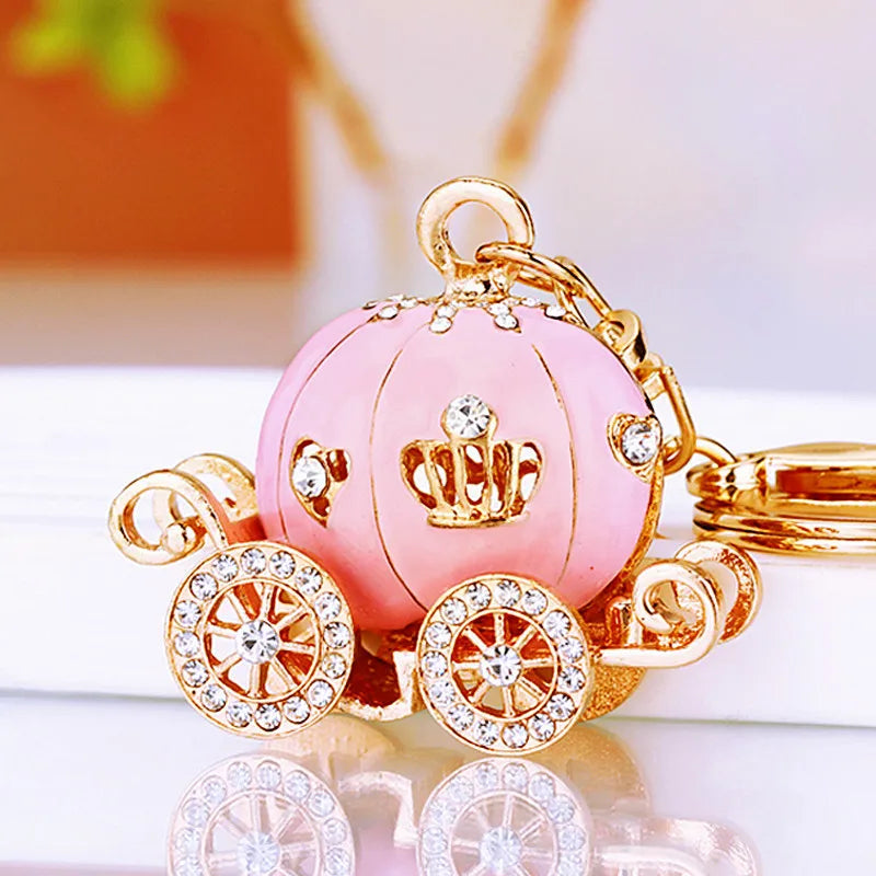 Diamond-encrusted pumpkin car, car keychain, creative bag, pendant, metal key chain ring, accessories, gifts.