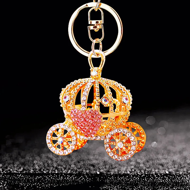 Diamond-encrusted pumpkin car, car keychain, creative bag, pendant, metal key chain ring, accessories, gifts.