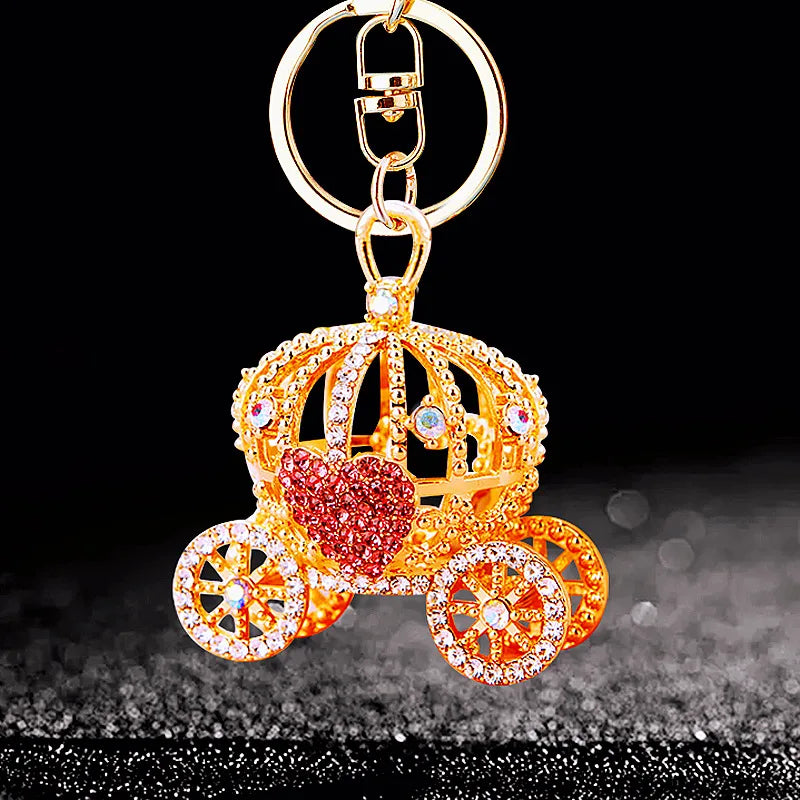Diamond-encrusted pumpkin car, car keychain, creative bag, pendant, metal key chain ring, accessories, gifts.
