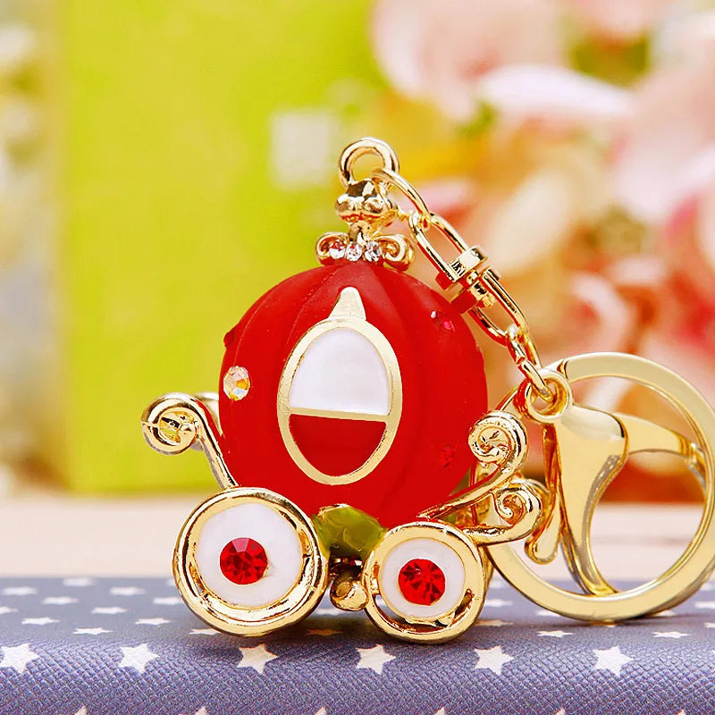 Diamond-encrusted pumpkin car, car keychain, creative bag, pendant, metal key chain ring, accessories, gifts.