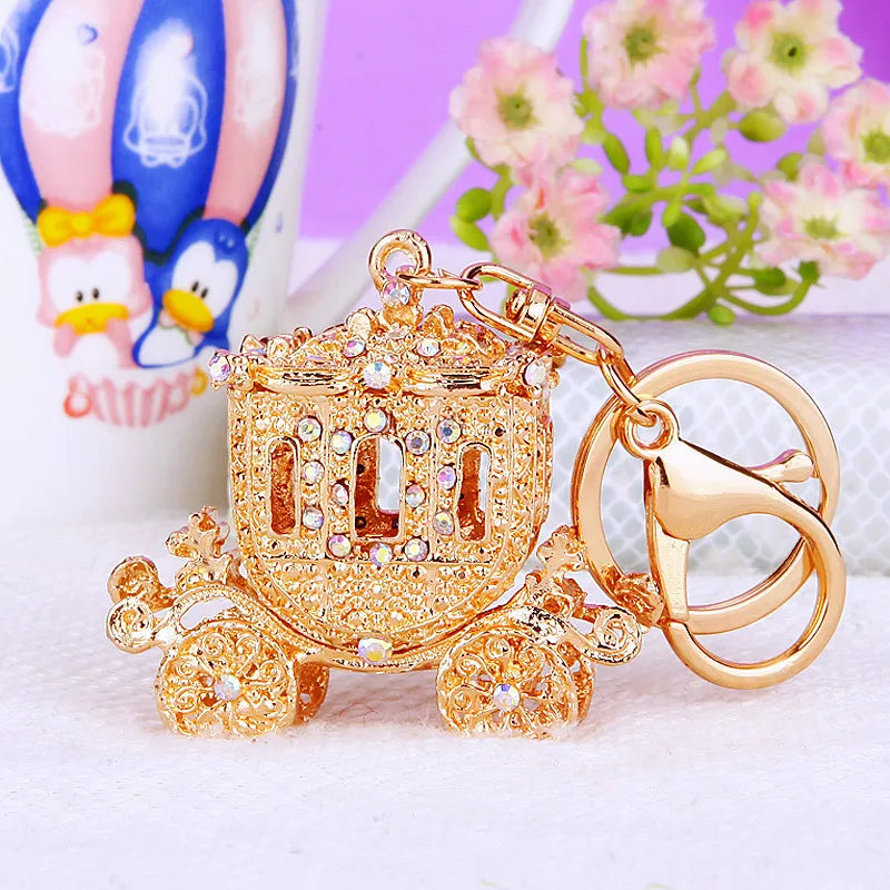 Diamond-encrusted pumpkin car, car keychain, creative bag, pendant, metal key chain ring, accessories, gifts.