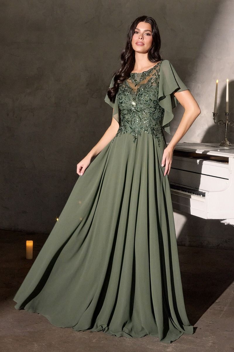 A-Line Silhouette Dress, Illusion Neckline, Sequin Embroidery and Ruffled Sleeves