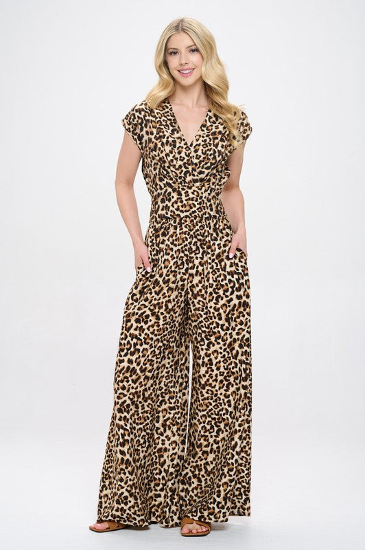 Animal Print V neck Crop Top w Smock Back Detail