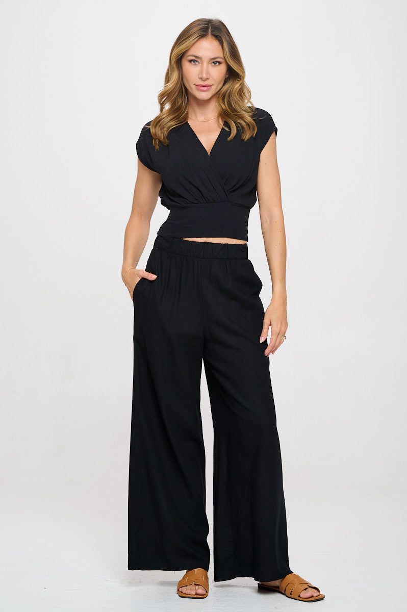 Solid Linen V neck Crop Top w Smock Back Detail