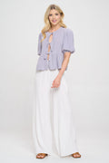 Linen Solid Puff Sleeve Top with Front Bow Detail
